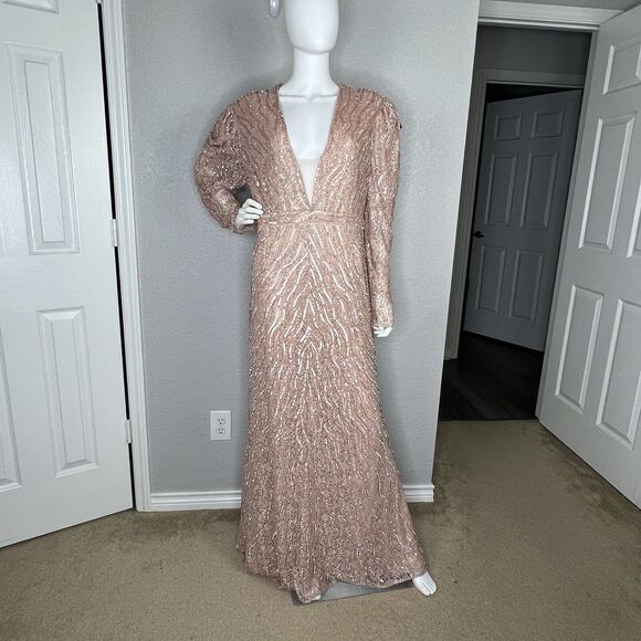 Mac Duggal Size 14 Gown Sequined Beaded Puff Sleeve Deep V Neck Blush Pink - Picture 3 of 12